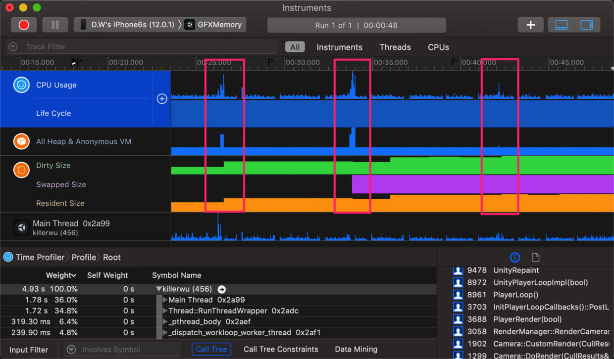 进行Time Profiler、Allocations、VM Tracker的Profiler，图中3个红框分别是加载RGBA_32、RGB24、ASTC5x5时的情况